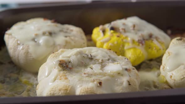 Organic Pattypan Squash Ready for Cooking Stuffed with Meat Baked in the Oven with Cheese