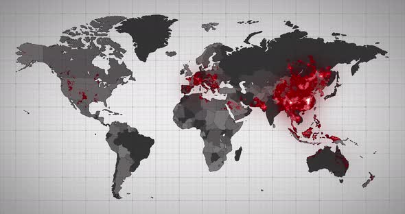 Animation of the world map and countries turning red through circles in a white background