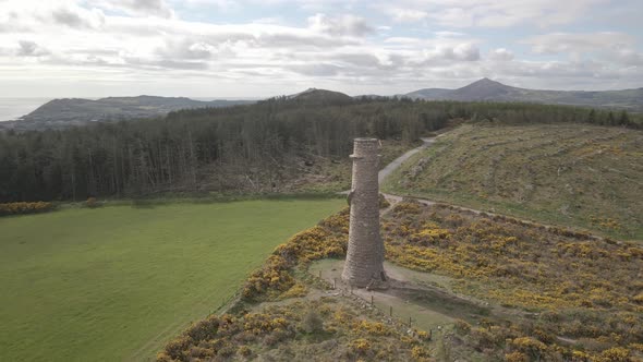 Aerial View Of The Ruin Of The Flue Chimney At Ballycorus, Dublin, Ireland - drone shot