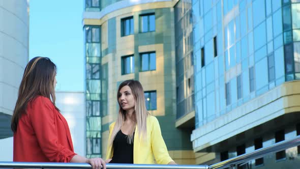 Two Business Women at Break, Talking on the Street.