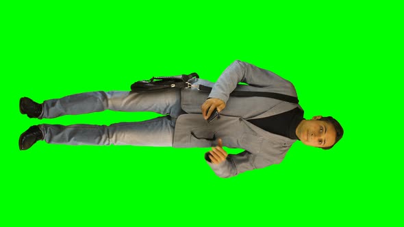 Man in a Suit Catches a Taxi Isolated Green Screen Chroma Key Horizontal Composition