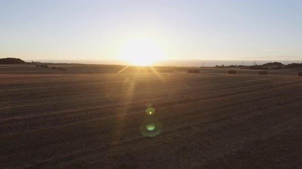 Aerial View of an Open Farming Land with Haystacks Lined Up in Rows