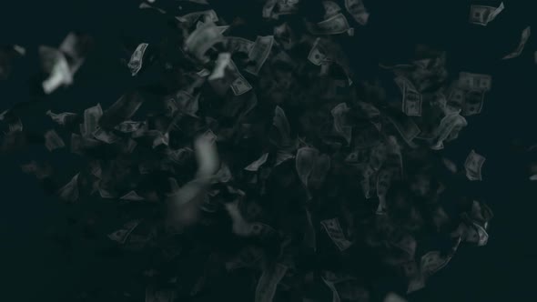 the appearance of money from the dark 100 bills fly into the camera 3d animation