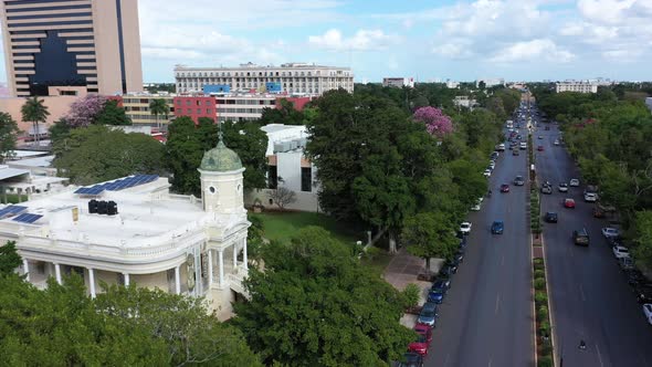 Aerial descent showing the Casa Museo Quinta Montes Molina on the Paseo Montejo in Merida, Yucatan,