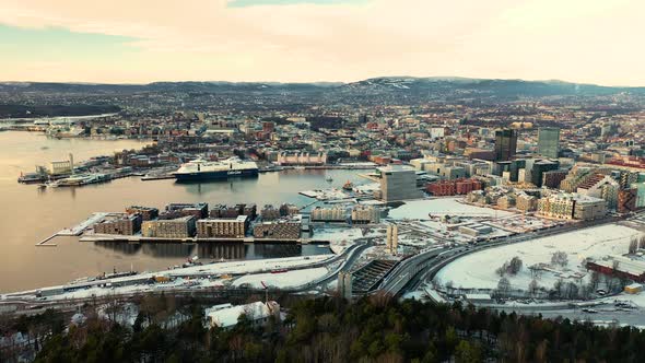 Sorengautstikkeren Neighborhood And City Of Oslo In Winter From Ekebergparken In Norway. - aerial