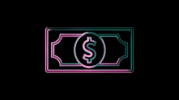 Glowing neon line banknote dollar icon isolated on black background. Banking currency sign.