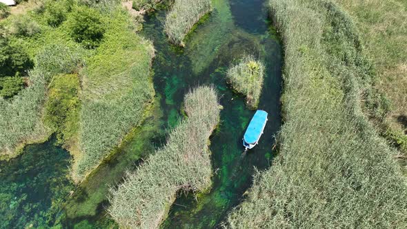 Aerial view of drone 'Azmak' river in the 'Akyaka' town - Gokova / Mugla - TURKEY