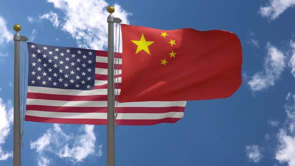 Usa Flag Vs China Flag On Flagpole