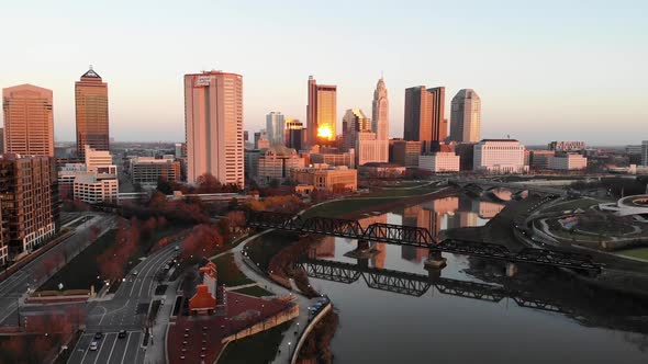 Columbus Ohio downtown skyline at dusk - aerial drone