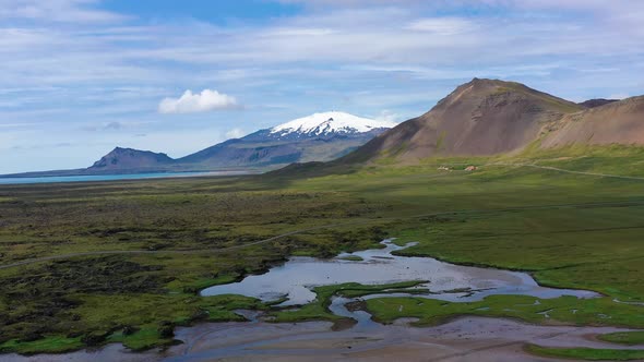 Iceland. Aerial view on mountain, field and river. Landscape in Iceland at the day time.