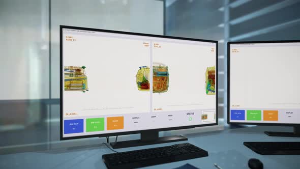 Visual interface x-ray screening detects a bottle with alcohol in the womans bag alt