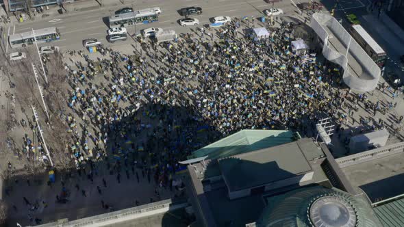 Drone Above Vancouver Art Gallery With View Of Ukraine Supporters Protesting Russian Invasion In Bri