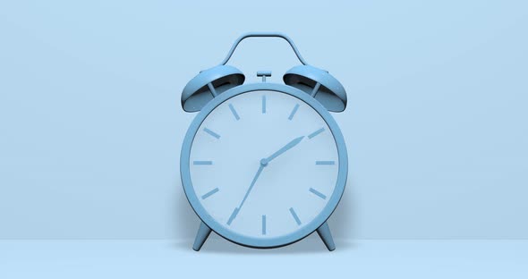 Minimal pastel Blue Twin bell Alarm clock. Zoom out effect. Concept of time passing, hours, seconds.