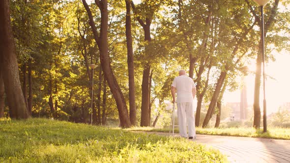 Disabled old man is walking with a walker. Handicapped patient in the park.