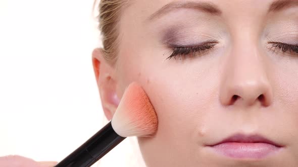 Makeup Artist Applying Bronzer With Brush.
