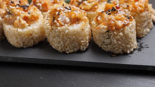 Sushi Roll Baked Eel on Black Slate Plate