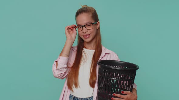 Teenager Young Girl Taking Off Throwing Out Glasses Into Bin After Vision Laser Treatment Therapy