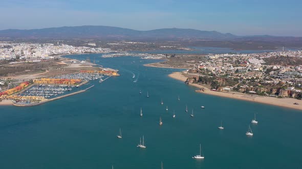 Aerial View of the Bay of the Portuguese Marina in the Tourist Town of Portimao Yachts in the