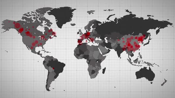 Animation of the world map and countries turning red through circles in a white background