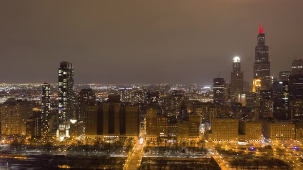 Urban Skyline of Chicago at Night in Winter