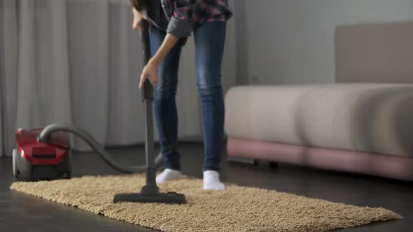 Lady Carefully Vacuuming Bed Mat, Bringing House to Order, Allergy Prevention