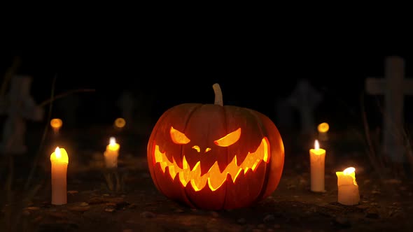 Halloween Night background with focus on candles, pumpkin. 3D rendered animation