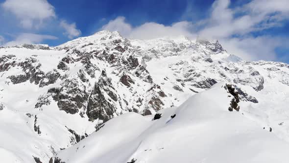 Aerial View Of Free Ride Resort In Monte Rosa Italy. Big Mountains and glacier. 