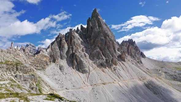 Monte Paterno in Dolomites in sunny day, aerial view