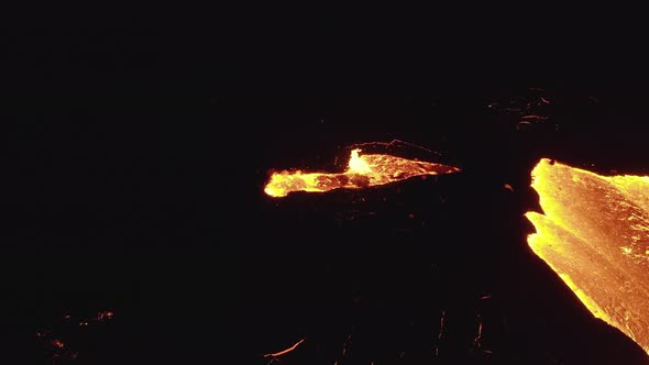 Drone Over Moving River Of Molten Lava From Erupting Volcano