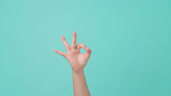 Close up shot of human hand raising, making hand gesture ok sign or ring gesture in blue screen.