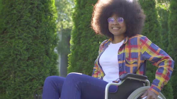 Positive African Woman with an Afro Hairstyle Disabled in a Wheelchair Looking at the Camera and