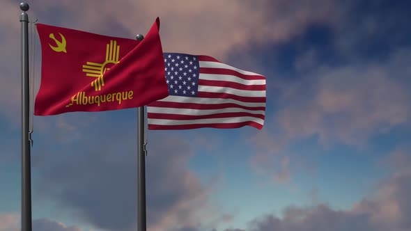 Albuquerque City Flag Waving Along With The National Flag Of The USA - 2K