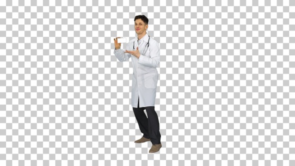 Young doctor presenting new pills and dancing, Alpha Channel