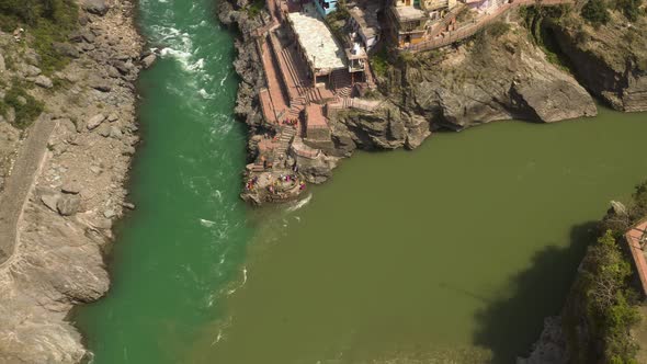 Devprayag, India, alakananda and bhagirathi holy rivers mix to become ganges, 4k aerial drone view