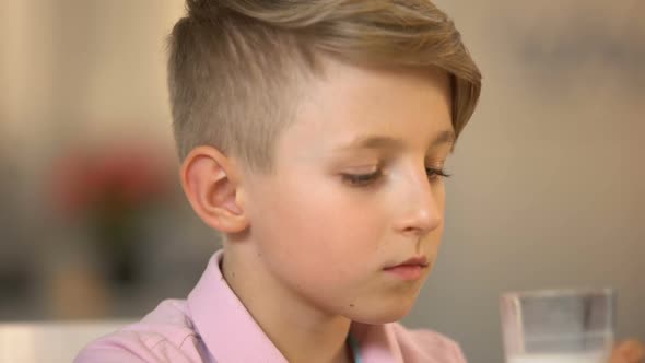 Male Kid Drinking Milk Beverage Closeup, Morning Nutrition, Health Care, Lactose