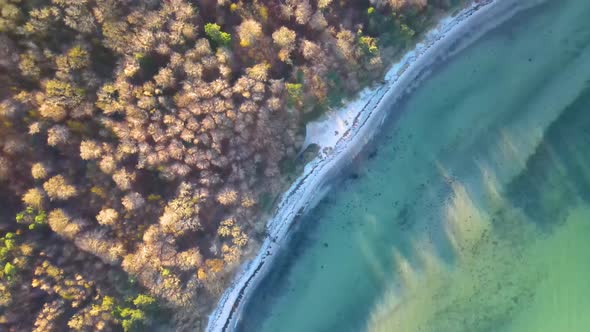 Aerial view of Høve Skov, Odsherred with the beautiful coastline of Sejerøbugten, Zealand, Denmark