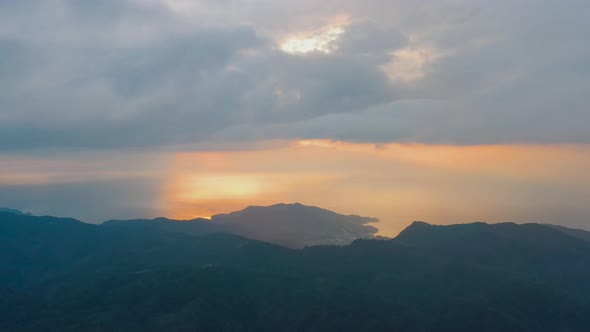 Orange Sunset Dark Blue Rain Clouds Above Mountain Range Phuket Thailand