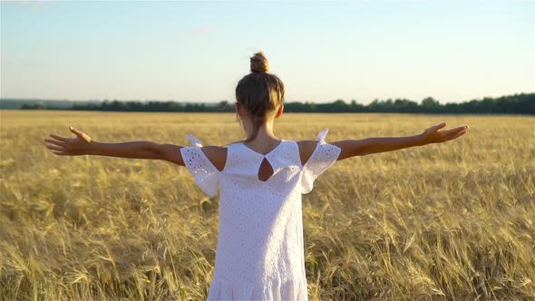 Adorable Preschooler Girl Walking Happily in Wheat Field on Warm and Sunny Summer Day