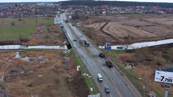 Top view of the road and the destroyed equipment of the Russian invaders.