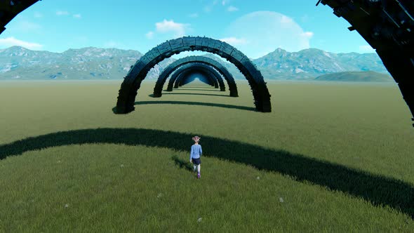 Little Girl Entering Black Tunnel in Middle of Valley Animation