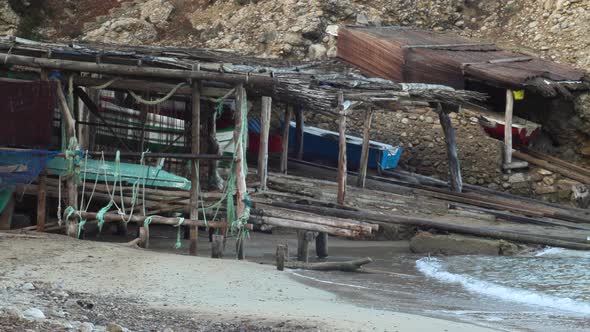 Right pan of some old fishermen's houses in Cala Benirras, Ibiza, Spain. 4K. Pro Res