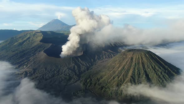 Aerial shot of Mount Bromo volcano eruption