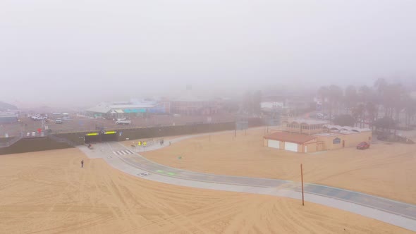 A spinning view of the base of the Santa Monica Pier over towards Venice Beach with a good view of t