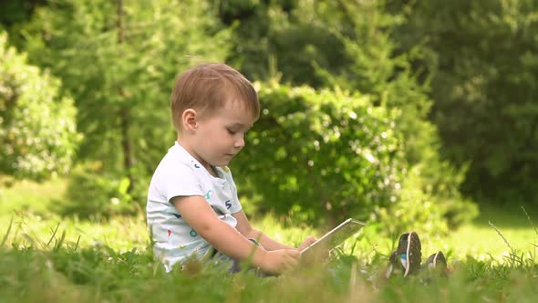 Boy Using Tablet Computer in Park.