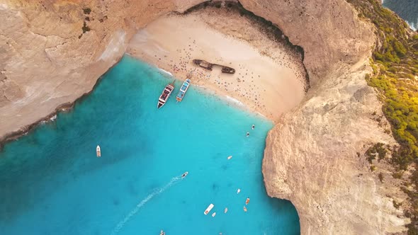 Aerial drone view of the Navagio beach on the Ionian Sea coast of Zakynthos, Greece