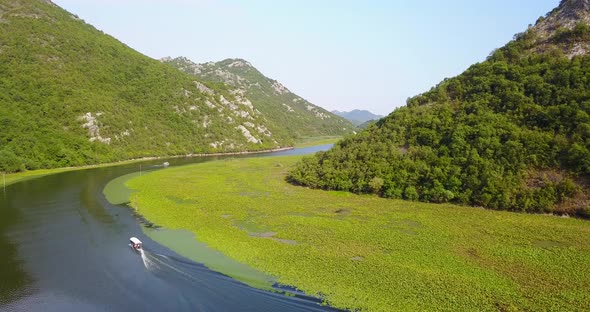Aerial drone view of a river in Montenegro.
