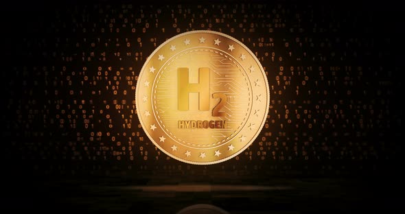 Hydrogen H2 golden coin loop on digital background