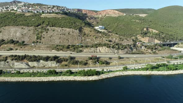 Drone Image of Highway And Railway By The Sea