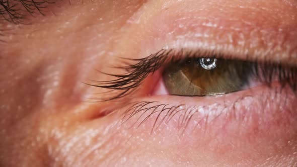 Male Eye Looking at a Bright Light and Squinting. Extreme Close-up. Slow Motion