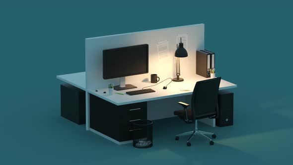 Transformation of two office desks during a day. Business, workplace background